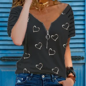 2023 Summer Fashion Women Loose Summer Loose Plus Size T-shirt Striped Short Sleeve Blouse Zipper V-neck Casual Tops