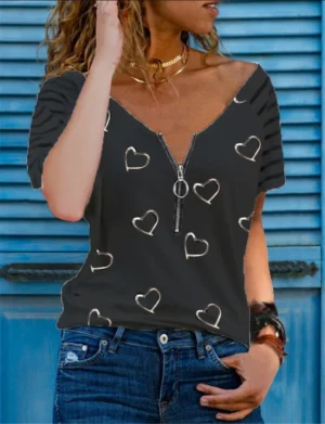 2023 Summer Fashion Women Loose Summer Loose Plus Size T-shirt Striped Short Sleeve Blouse Zipper V-neck Casual Tops - Image 4