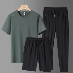 Summer New Men's Ice Silk Sports Set Quick Drying Breathable Cool Round Neck Short Sleeve Shorts Long Pants 3-Piece Set Large - Image 6
