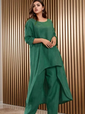 Women Autumn Casual Cotton Linen O Neck Solid Pullover Elegant Fashion Wide Leg Pant Irregular Hem Top Long Sleeve Commute Suit - Image 2