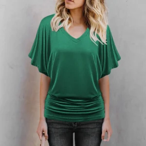 2024 New Summer Commuting Minimalist Loose Fit Plus Size Straight Tube Batwing Sleeve Solid V-neck Hem Folds Women's T-shirt Top - Image 3