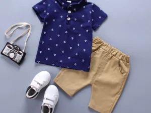 2PCS Baby Set Children's Summer Fashion Random Print Boat Anchor Pattern Short Sleeve Shorts Set