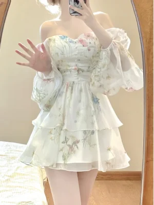 French Elegant Floral Mini Dress Chiffon Long Sleeve Evening Party Dress Women Holiday Beach Boho Fairy Dress Korean 2024 Robes - Image 4