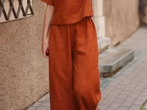 Summer New Women's Fashion Cotton Linen Suit Short Sleeves 2-Piece Set European American Line Color Cross-Border Trade