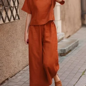 Summer New Women's Fashion Cotton Linen Suit Short Sleeves 2-Piece Set European American Line Color Cross-Border Trade