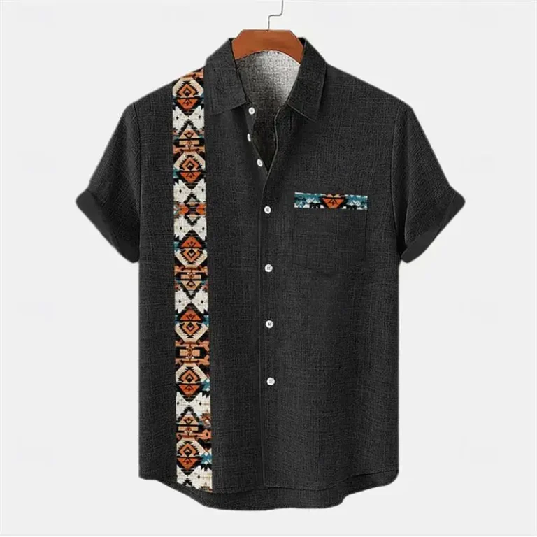 Ethnic Style Men's Color Blocked 3D Printed Button Neck Short Sleeved Shirt, High-quality Hawaiian Beach Top Hemd Herren