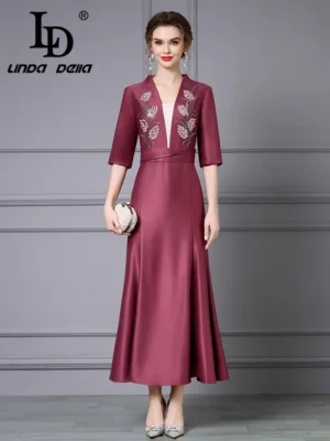 LD LINDA DELLA High Quality Women's Fashion Design Half Sleeve V-neck Embroidered Slimming High Waist Big Swing Dress - Image 2