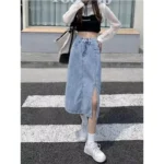 Denim Skirt Women's Autumn 2024 New Style High-Waisted Side Slit Design Hip Covering A- Line Long Dress Trendy