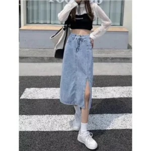 Denim Skirt Women's Autumn 2024 New Style High-Waisted Side Slit Design Hip Covering A- Line Long Dress Trendy