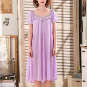Y3NE Short Sleeve Sleep Dress Night Gown Loose Sleepshirt Sleepwear Silk Nightgown - Image 3