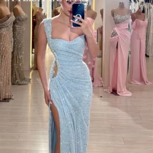 Women Evening Dress Spaghetti Strap Shiny Sequin Off Shoulder Sleeveless Low-cut High Split Loose Floor جديد في الأطقم الكامل