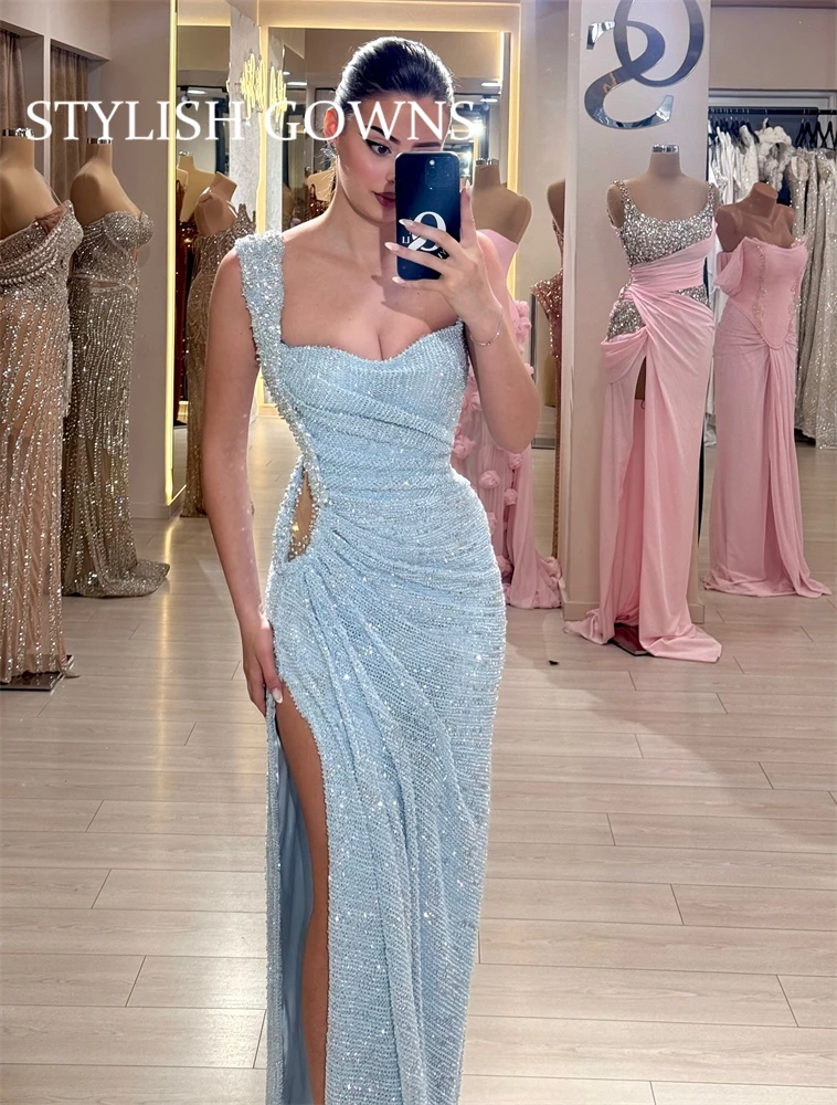 Women Evening Dress Spaghetti Strap Shiny Sequin Off Shoulder Sleeveless Low-cut High Split Loose Floor جديد في الأطقم الكامل