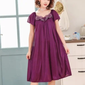 Y3NE Short Sleeve Sleep Dress Night Gown Loose Sleepshirt Sleepwear Silk Nightgown - Image 6