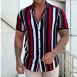 New Men's Shirts Fashion Stripes Print Short-sleeved Tees Summer Tops Men Turn-down Collar Button Casual T-shirt Clothing