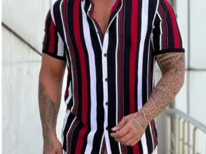 New Men's Shirts Fashion Stripes Print Short-sleeved Tees Summer Tops Men Turn-down Collar Button Casual T-shirt Clothing