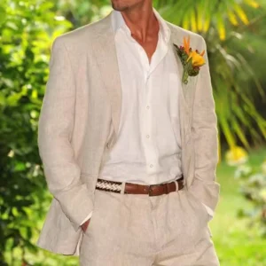 Light Blue/Beige Linen Men Suits 2 Piece Groom Tuxedos Notch Lapel Slim Fit Blazer Pants Sets Wedding Prom Summer Costume Homme - Image 3