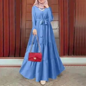 Cross-Border Muslim Solid Color Round Neck Long Sleeve Fashionable Dress With Belt Kaftan Style Casual Ethnic Wear - Image 3