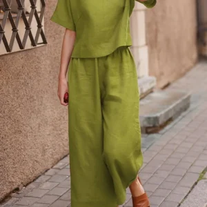 Summer New Women's Fashion Cotton Linen Suit Short Sleeves 2-Piece Set European American Line Color Cross-Border Trade - Image 3