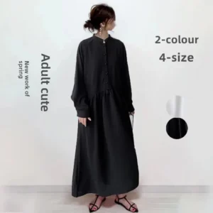 Cross-Border E-commerce Japanese Style Loose-Fit Plus Size Slimming Stand Collar Cotton Linen Shirt Dress Large Movement Long Dr