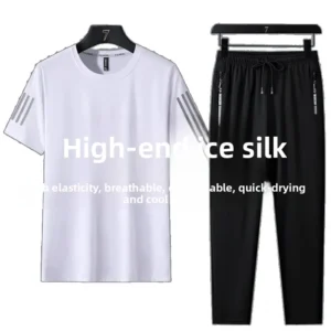 Ice Silk Summer Men's Casual Sportswear Set Short Sleeve T-Shirt Shorts Pants Running Three-piece Set Large Size Striped Pattern - Image 6
