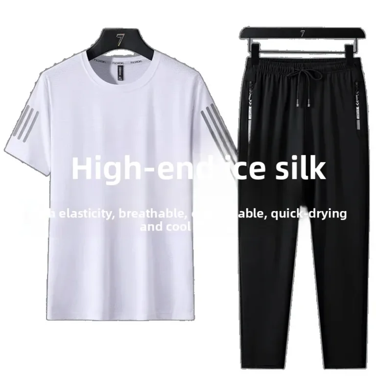 Ice Silk Summer Men's Casual Sportswear Set Short Sleeve T-Shirt Shorts Pants Running Three-piece Set Large Size Striped Pattern - Image 6