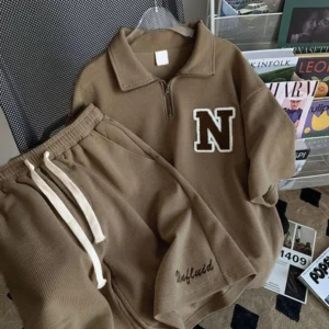 Waffle Texture Women T-shirt Shorts Set Zipper Neckline Letter Decor Men Women Loose T-shirt Shorts Jogger Outfit Sports Suit - Image 3