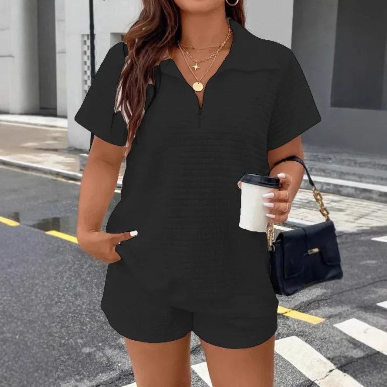 Women Summer White Short Sleeve 2-piece Set Fashion Zippered T-shirt Top + Shorts Casual Home Two Piece Set Woman Sports Suit - Image 4