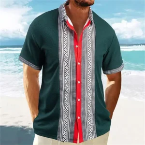 Ethnic Style Men's Color Blocked 3D Printed Button Neck Short Sleeved Shirt, High-quality Hawaiian Beach Top Hemd Herren - Image 6