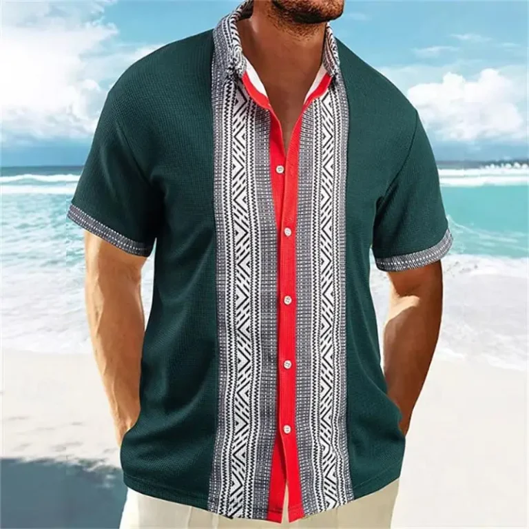 Ethnic Style Men's Color Blocked 3D Printed Button Neck Short Sleeved Shirt, High-quality Hawaiian Beach Top Hemd Herren - Image 6