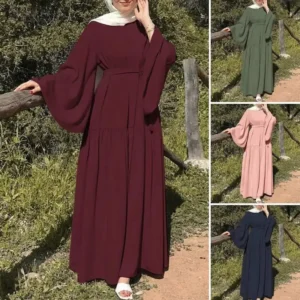 New Hot Sale Of The Season Long Casual Muslim Women's Dress with Bell Sleeves And Belt for Commuting Vacation Loose Fit Elegant