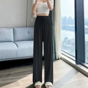 New Ice Silk Slim Wide Leg Pants Women Summer Thin High Waist Drape Loose Straight Casual Pants Slimming Effect