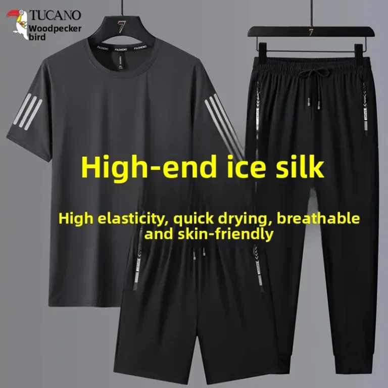 Ice Silk Summer Men's Casual Sportswear Set Short Sleeve T-Shirt Shorts Pants Running Three-piece Set Large Size Striped Pattern - Image 4