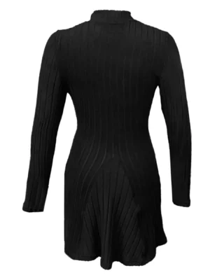 Women's slim fit half high collar waist cinched A-line skirt long sleeved pit stripe dress - Image 4