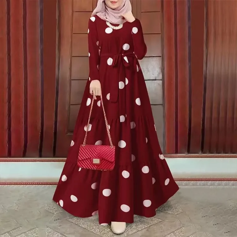 Dress Muslim Casual Temperament Big Polka Dot Print Round Neck Pullover Long Sleeved Tie Up Big Swing Robe Spring Summer 2025 - Image 3