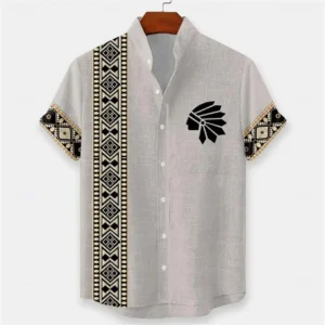 Ethnic Style Men's Color Blocked 3D Printed Button Neck Short Sleeved Shirt, High-quality Hawaiian Beach Top Hemd Herren - Image 3