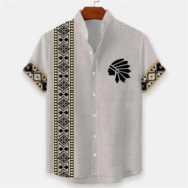 Ethnic Style Men's Color Blocked 3D Printed Button Neck Short Sleeved Shirt, High-quality Hawaiian Beach Top Hemd Herren - Image 3
