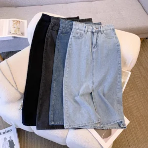 2024 Summer Vintage Elegant Side Slit High-Waisted Medium-Length Denim Skirt For Women Trendy Over-Knee A- Line Skirt - Image 4
