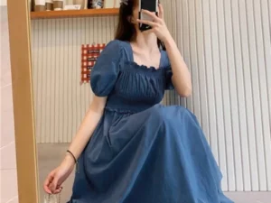 Women Puff Sleeves Midi Dress Summer Retro Knee Length Long Dress French Style Bubble Square Neck Short Sleeved Summer Dress