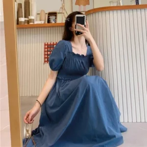 Women Puff Sleeves Midi Dress Summer Retro Knee Length Long Dress French Style Bubble Square Neck Short Sleeved Summer Dress