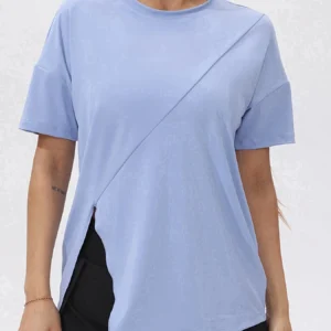 Fitfemme Women's Oversized Workout Short - Sleeve TShirt with Asymmetric Hem - Breathable & Quick - Dry for Yoga & Gym