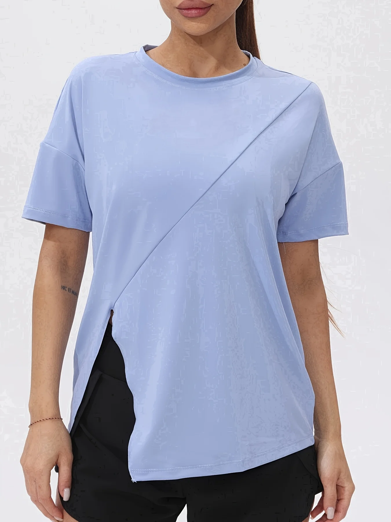 Fitfemme Women's Oversized Workout Short - Sleeve TShirt with Asymmetric Hem - Breathable & Quick - Dry for Yoga & Gym