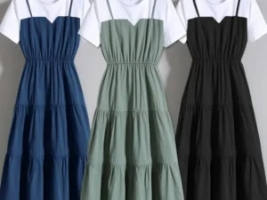Fake Two Pieces Women Dress Color Block Short Sleeve Waist Tight Long Dress Korean Fashion Summer Midi Dresses Streetwear