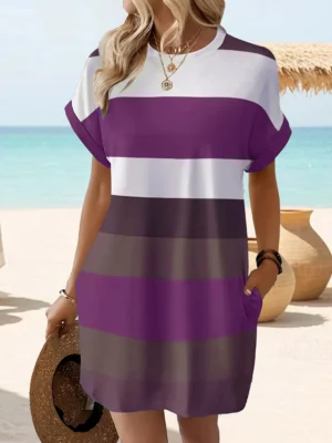 Chic Plus Size Dress: Elegant Stripes, Roll-Up Sleeves, Pockets - Comfortable & Casual Women's Dress - Image 5