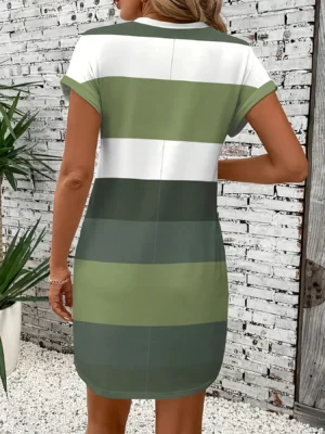 Chic Plus Size Dress: Elegant Stripes, Roll-Up Sleeves, Pockets - Comfortable & Casual Women's Dress - Image 2