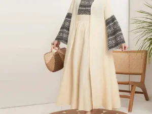 Middle East Muslim Simple Retro Extra Wide Solid Color Long Sleeve Patchwork Dress Two Piece Set Elegant And Stylish Women's Clo