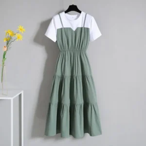 Fake Two Pieces Women Dress Color Block Short Sleeve Waist Tight Long Dress Korean Fashion Summer Midi Dresses Streetwear - Image 2