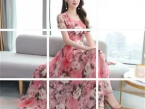 Spring Summer V-neck Ice Silk Print Slimming Knee-length Dress Fashionable Korean Style Long Skirt Girls Style Made in China