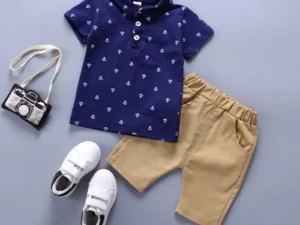 2PCS Baby Set Cute Kids Boys Clothes Summer Random Print Boat Anchor Pattern Short Sleeve Shorts Set For 1-5Years