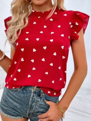 Fashion Chiffon Print Women's Shirt Casual Ruffle Short Sleeve Top Pink Chic Woman Blouse And Shirts Elegant Blouses Summer 2024 - Image 6