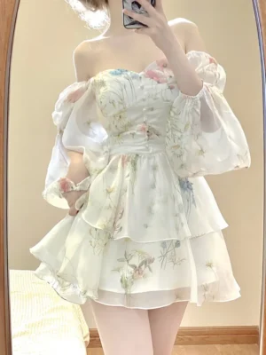 French Elegant Floral Mini Dress Chiffon Long Sleeve Evening Party Dress Women Holiday Beach Boho Fairy Dress Korean 2024 Robes - Image 3
